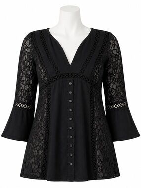 Reverse Black Boho Lace Tunic Top Button Front Babydoll Blouse Size Small